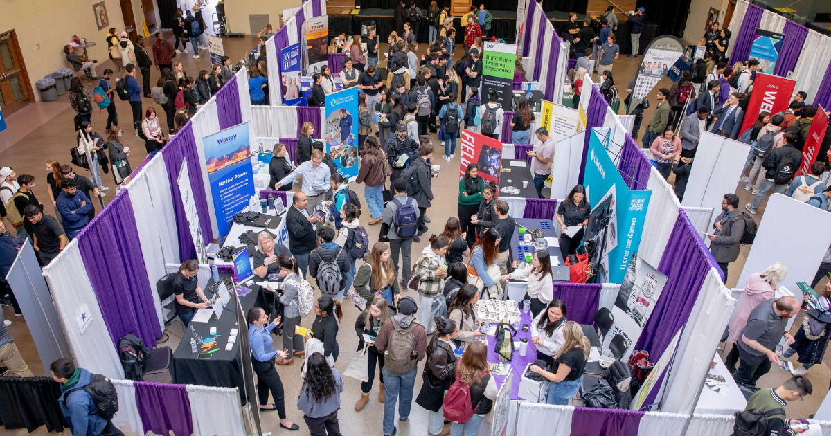 An overhead view of Career Fair in Mustang Lounge.